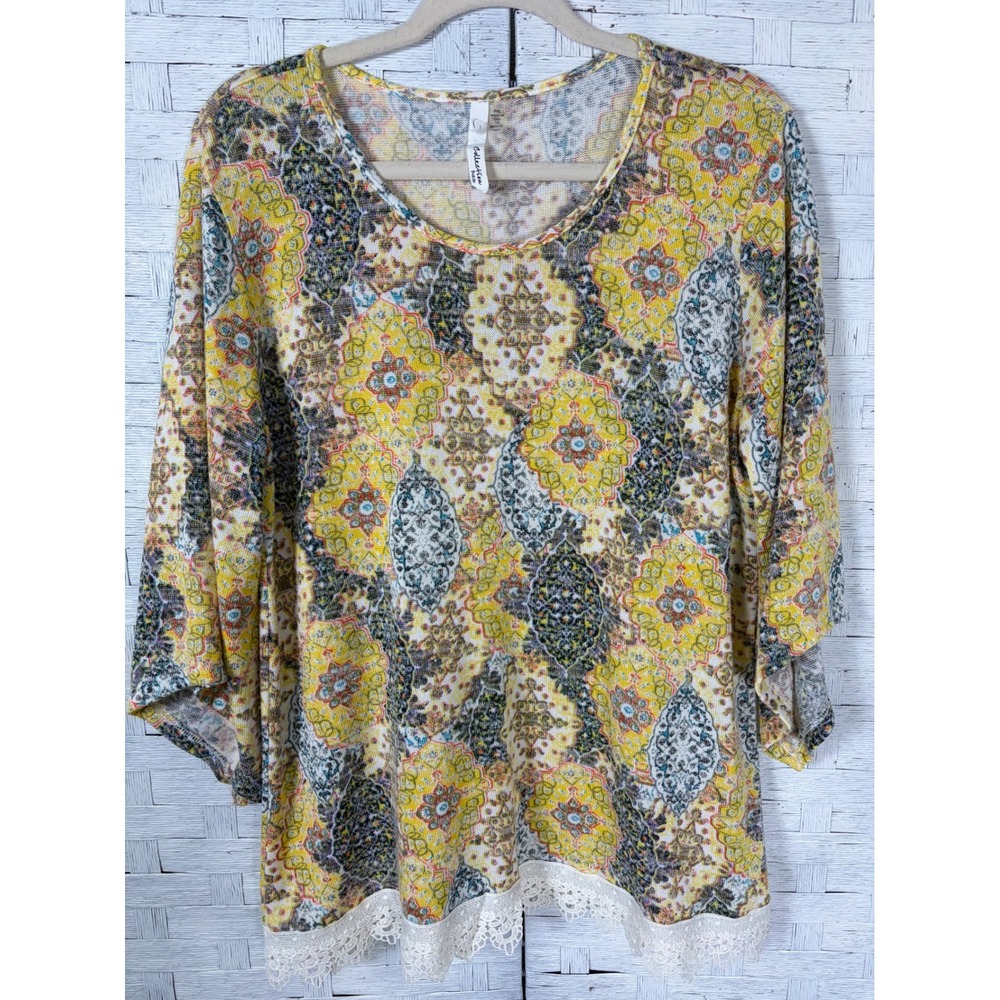 NY Collection Womens Top lightweight Knit Paisley Medallion Lace Trim Bohemian